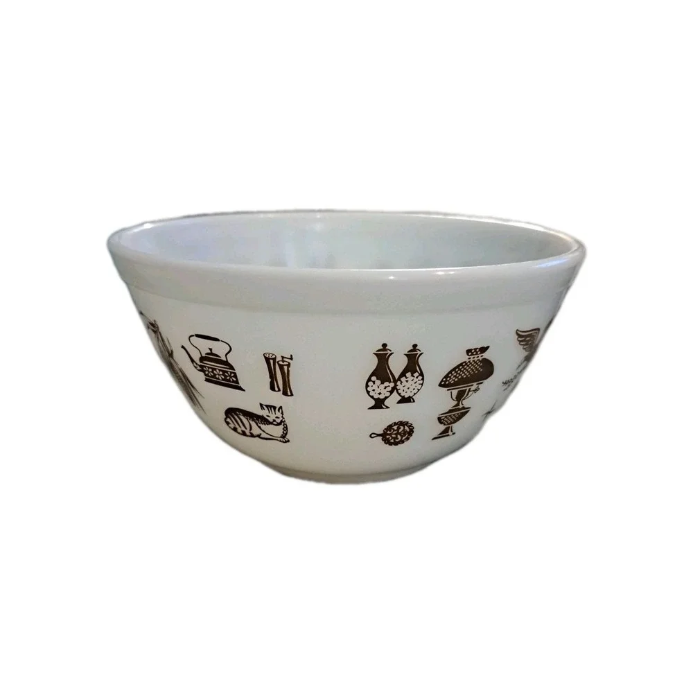 Pyrex Mixing Bowl 402 - 1 1/2 QT Americana White/Brown Early American‎ Ovenware